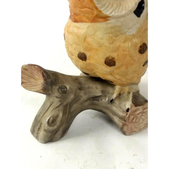Porcelain Spotted Owl Figurine on Branch Bisque Brown White Wings Out Vintage 5" - Picture 8 of 9